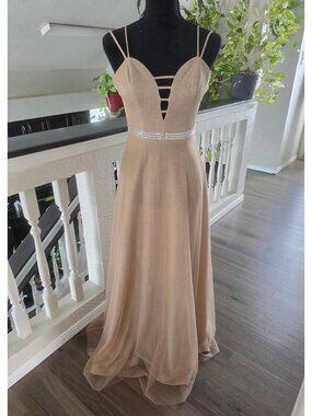 CITY TRIANGLES Gold Glitter Formal Gown W/Strappy Bodice & Rhinestone Waist